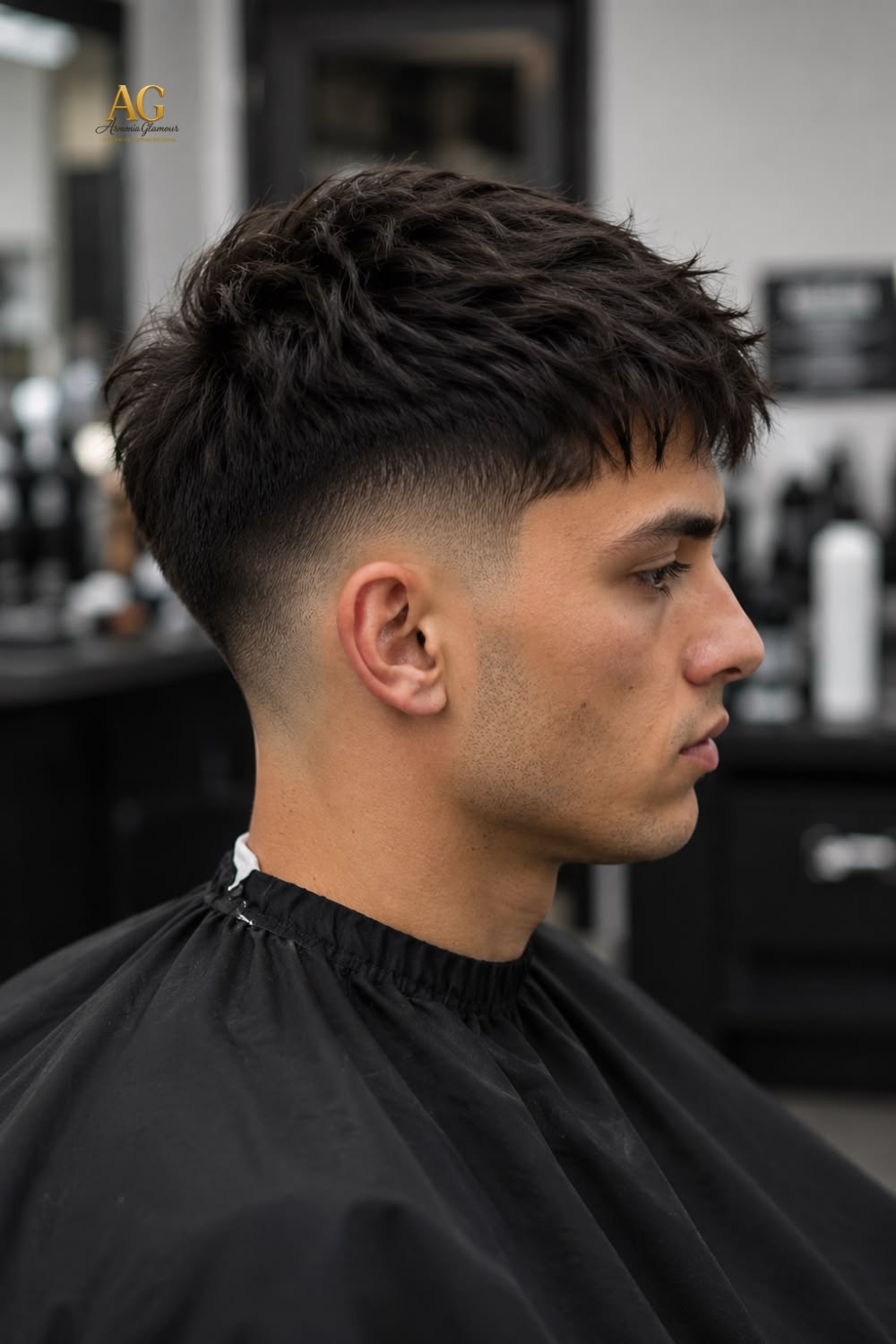 Clientes satisfechos en El Pulso Barber's — ambiente lujoso con sillones de cuero, iluminación cálida dorada y cortes precisos tipo degradado y barba esculpida