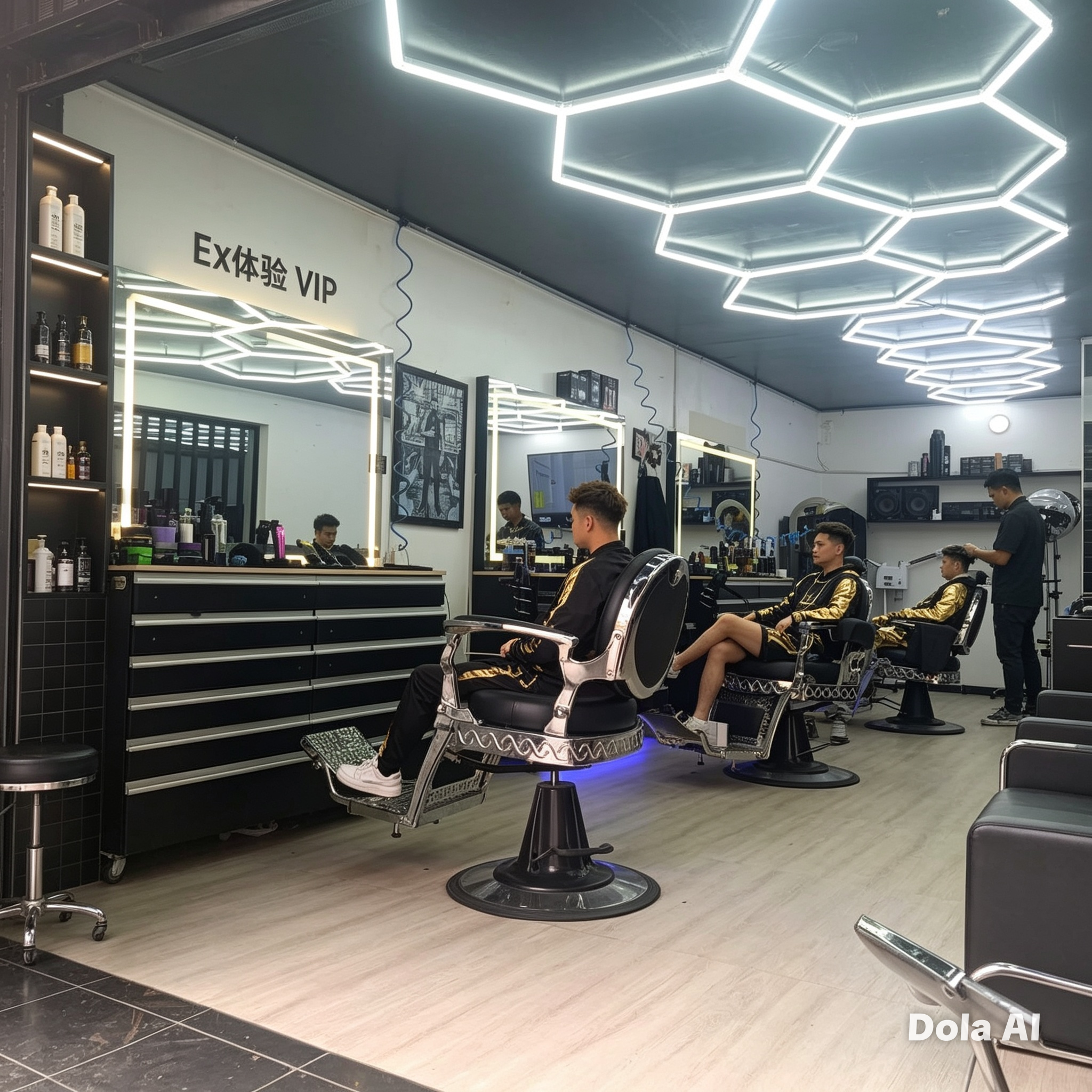Clientes satisfechos en El Pulso Barber's — ambiente lujoso con sillones de cuero, iluminación cálida dorada y cortes precisos tipo degradado y barba esculpida
